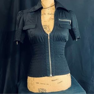 Bebe - Black, elastic “cinch waist”, zip front top. Women’s SZ XS